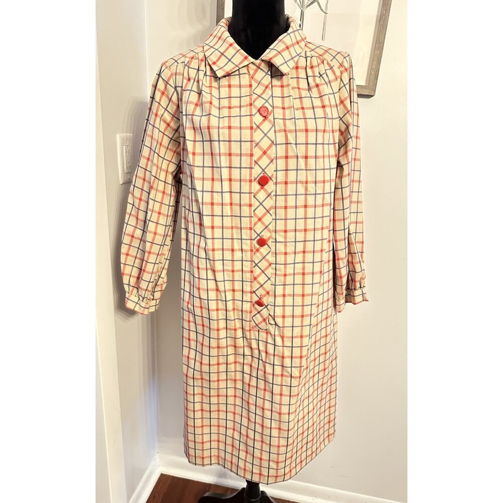 Vintage Sears Shirt Dress Size 20 1/2 Tan/Red/Blue Plaid Long Sleeve Perma-Prest